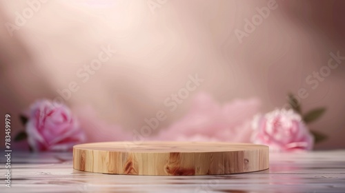 3D Advertising Wooden Empty Podium with Pink Floral Bcakground. Tender Pastel Product Presentation Mockup Template. photo