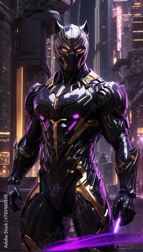 “Black Panther, dressed in a dark blue cybernetic suit, impresses with its mystical power and elegance. His graceful figure is shaded against a dark blue background, giving the image of mystery and st