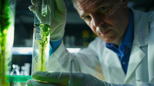 A scientist in a lab coat carefully examines a test tube containing a green genetically modified algae culture. This breakthrough in genetic engineering shows promise for producing .