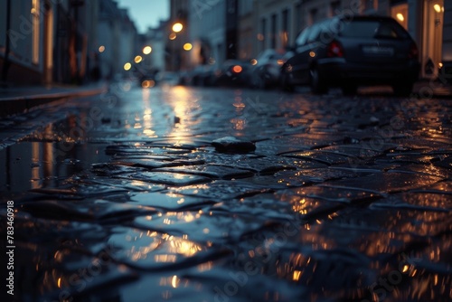 Glistening cobblestone street at dusk  reflecting city lights after rain  evoking a moody urban atmosphere.  