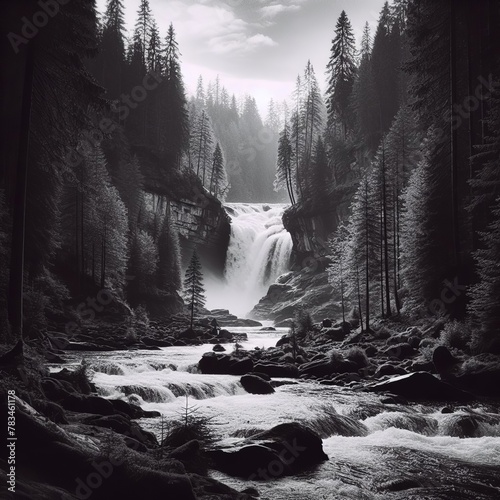 a waterfall in the woods with a waterfall in the background.