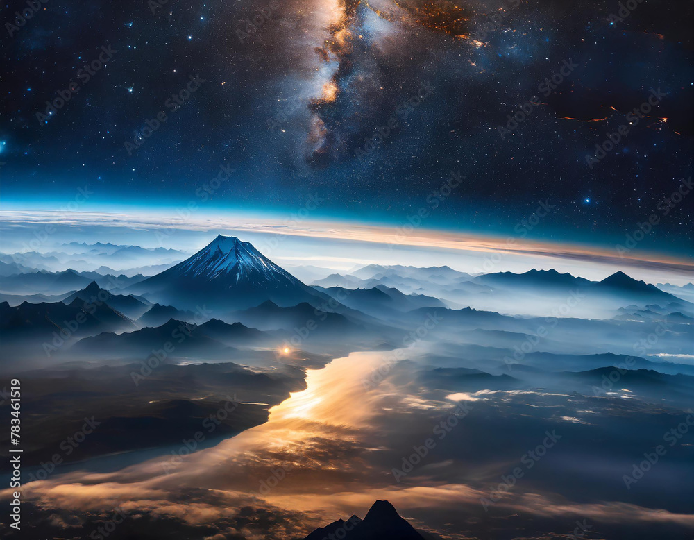 Majestic peak rises above misty mountains under a starry sky with the ...