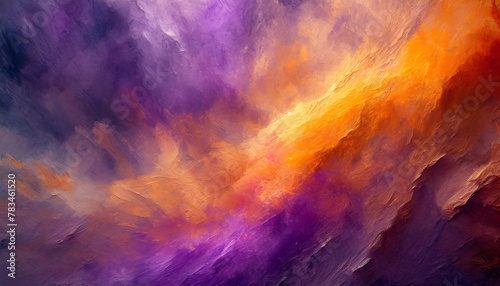 Vibrant mix of purple, orange, and yellow hues create an abstract, cloud-like painting