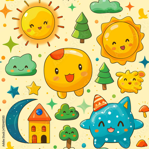Cheerful Celestial Bodies and Fruits Seamless Pattern