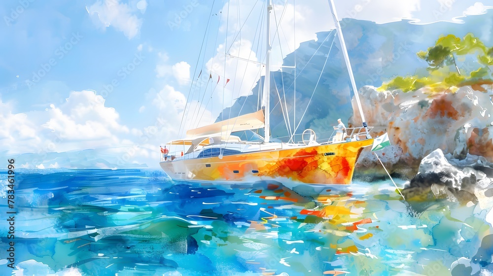 Watercolor depiction of a modern sailing yacht cruising near rocky shores with a vivid reflection on the water's surface under a clear blue sky - obrazy, fototapety, plakaty 