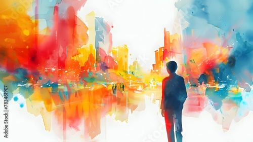 Silhouetted figure contemplating a bustling digital cityscape infused with dynamic watercolor hues