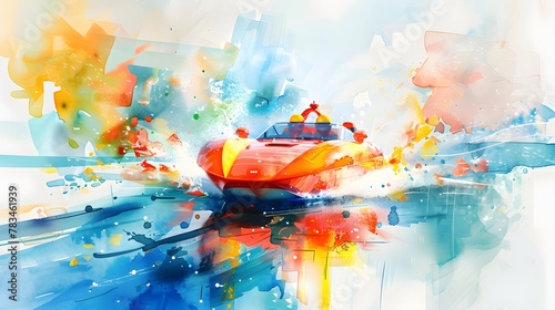 Abstract urban skyline mirrored in a speedboat's adrenaline-fueled race, a fusion of art and velocity