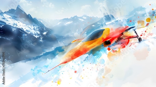 Vibrant digital painting of a futuristic personal aircraft flying over snow-capped mountains, with splashes of colorful ink depicting motion and energy photo