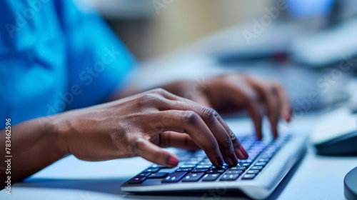 A closeup of a nurses hands typing on a computer symbolizing their proficiency in technology and medical recordkeeping to provide quality care. . photo