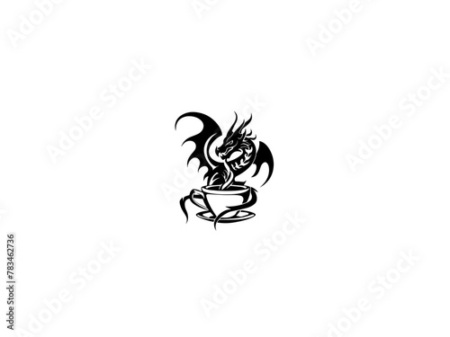 Whimsical Dragon in Teacup Vector Illustration. Playful Black and White Image, Logo Possibilities. Generative AI.