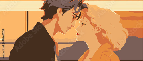 silhouette of a romantic couple, movie style vector flat love man and woman vector illustration, blonde woman, red lips, hug 
