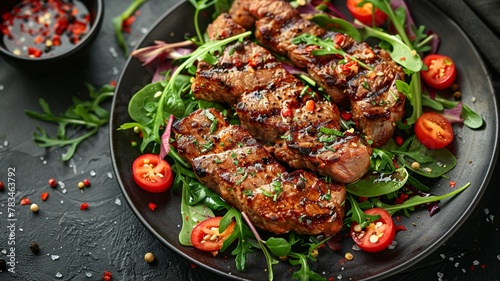 grilled pork or beef steaks with salad and red chilli in black background