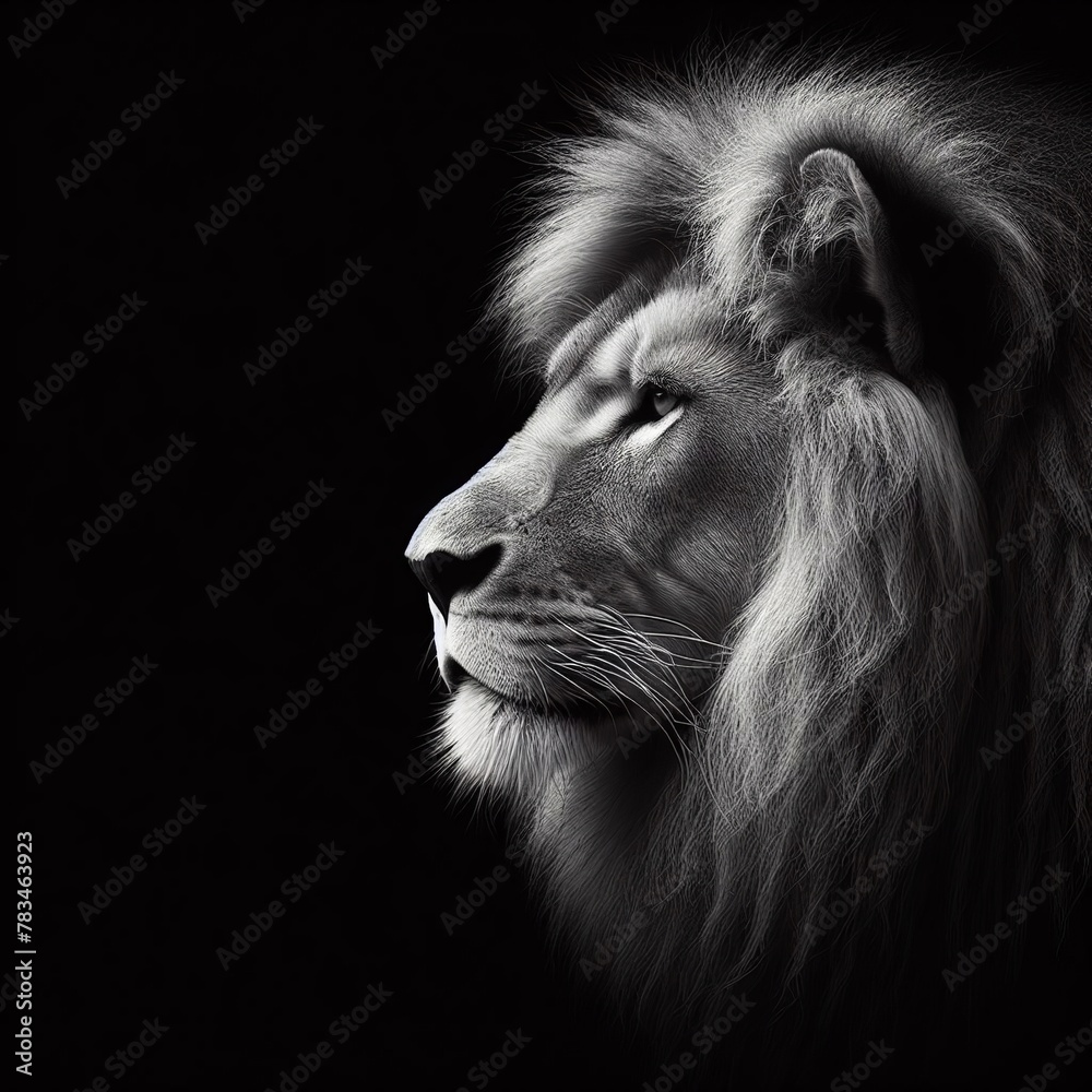 Naklejka premium Portrait of a male lion on a black background. Monochrome lion art print.