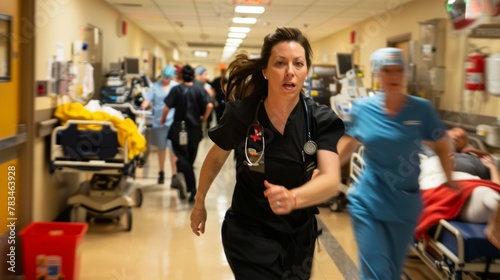 In a bustling emergency room a skilled nurse rushes through the chaos expertly maneuvering her way between gurneys and medical equipment. She calmly responds to the urgent needs of .