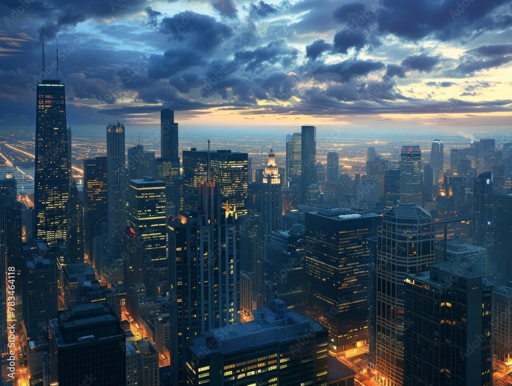 Fototapeta premium Dramatic cityscape at dusk, skyscrapers lighting up, urban beauty