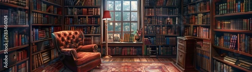 Cozy reading nook with overflowing bookshelves, immersive escape, literary journey