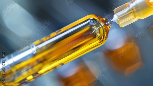 The closeup of a syringe filled with liquid biooil a byproduct of pyrolysis highlighting the diversity of products that can be obtained from this process. .