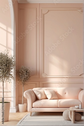 3D render of a living room in trendy Peach Fuzz color for 2024. features pastel wall accents, luxury furniture, and pillows in peach, beige, and ivory shades.