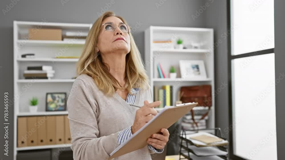 Mature caucasian woman wearing glasses taking notes in a modern office setting, conveying professionalism and focus. Mature caucasian woman wearing glasses taking notes in a modern office setting, conveying professionalism and focus.