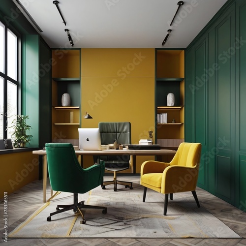 3D render of a vibrant workplace with emerald walls and furniture, accented by yellow mustard chairs. ideal for themes of home office, coworking, or classroom design.