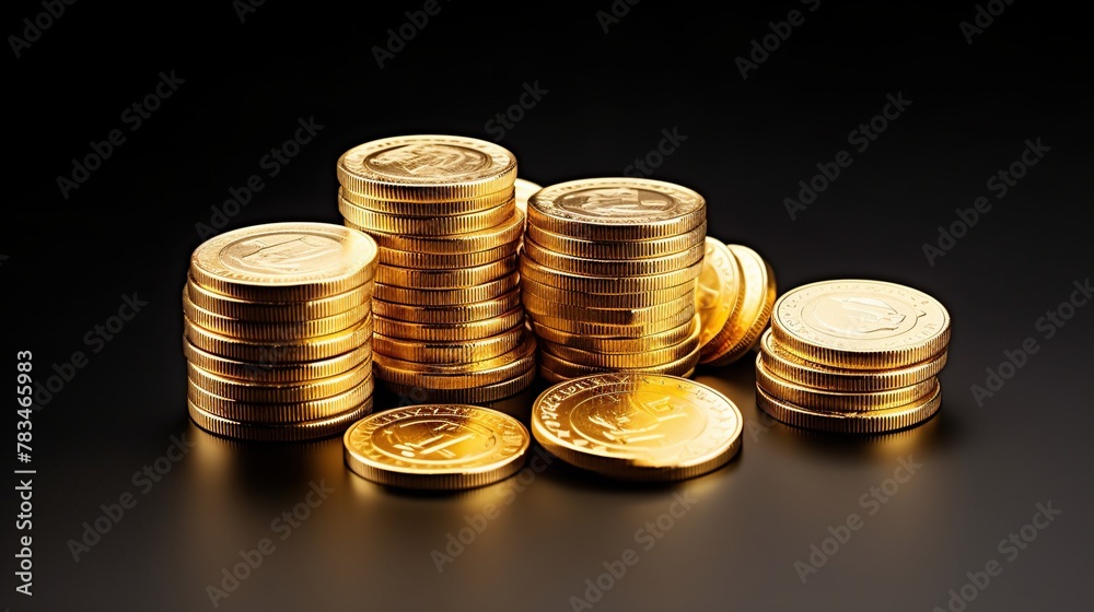 Golden coins isolated on black background. Economic growth, business profit and investment concept.