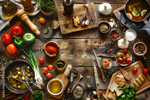 Traditional Home Cooking Techniques Displayed With Ingredients And Kitchen Utensils photo