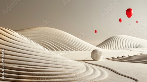 A zen garden scene where balloons float gently over smoothly raked sand