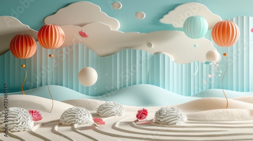 A zen garden scene where balloons float gently over smoothly raked sand