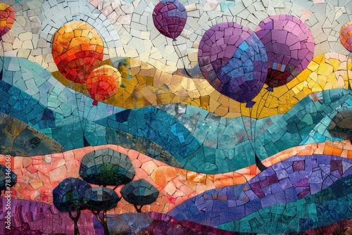 An abstract art piece featuring a mosaic of balloons creating a vibrant
