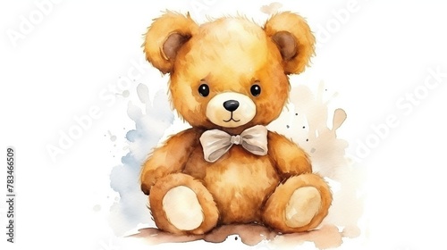 Cute teddy bear in watercolor hand drawn style isolated on white background.
