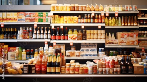 スーパーマーケットの商品棚に並ぶ食料品