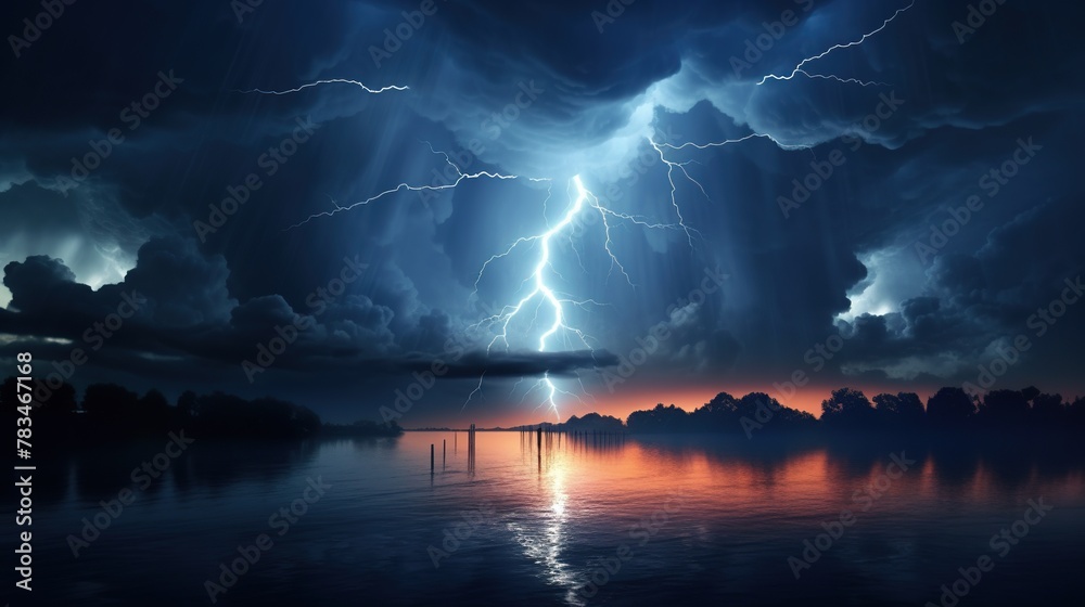 Amazing lightning electrifies from dark sky or illuminating streaks of lightning electrify dark horizon concept.