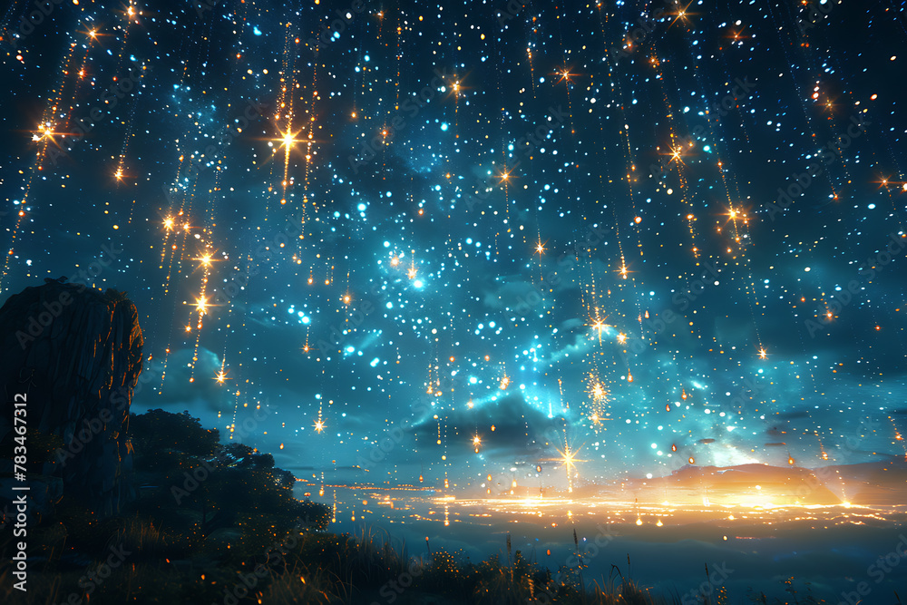 A mesmerizing starfall with falling stars streaking across the night sky. Bright, glowing trails against the dark cosmos create a magical and enchanting spectacle A mesmerizing starfall with falling stars streaking across the night sky. Bright, glowing trails against the dark cosmos create a magical and enchanting spectacle