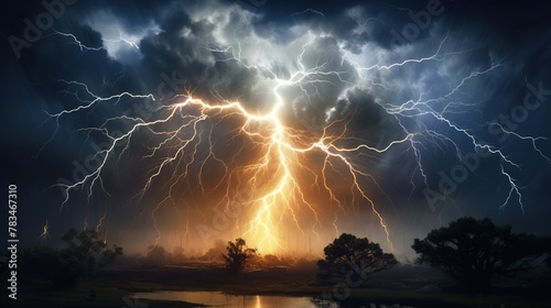 Amazing lightning electrifies from dark sky or illuminating streaks of lightning electrify dark horizon concept. photo