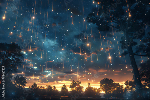 A mesmerizing starfall with falling stars streaking across the night sky. Bright, glowing trails against the dark cosmos create a magical and enchanting spectacle