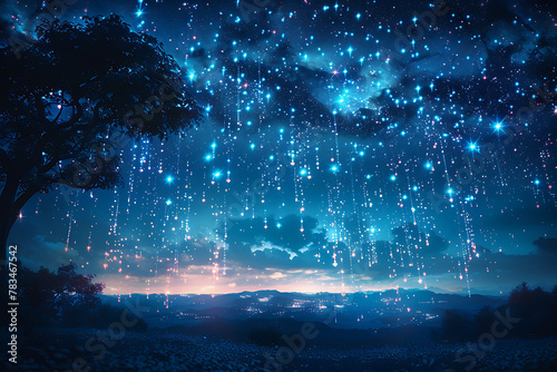 A mesmerizing starfall with falling stars streaking across the night sky. Bright, glowing trails against the dark cosmos create a magical and enchanting spectacle