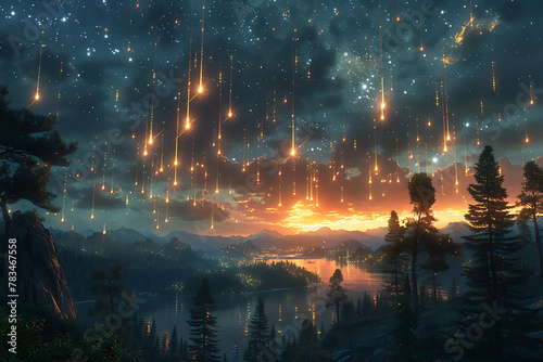 A mesmerizing starfall with falling stars streaking across the night sky. Bright, glowing trails against the dark cosmos create a magical and enchanting spectacle