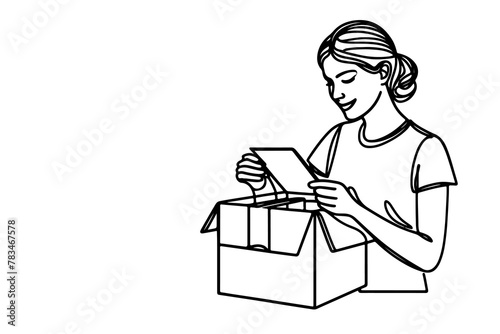 continuous one single black line drawing a woman holding box or present and opening a box  vector
