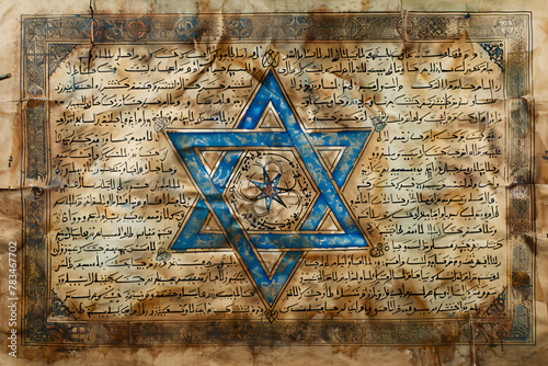 Old paper page from ancient torah book with blue Star of David. Judaism religious symbol. Bible exodus torah. Passover celebration, Yom Kippur, Purim. Illustration for banner, wallpaper, background photo