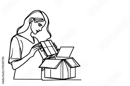continuous one single black line drawing a woman holding box or present and opening a box  vector