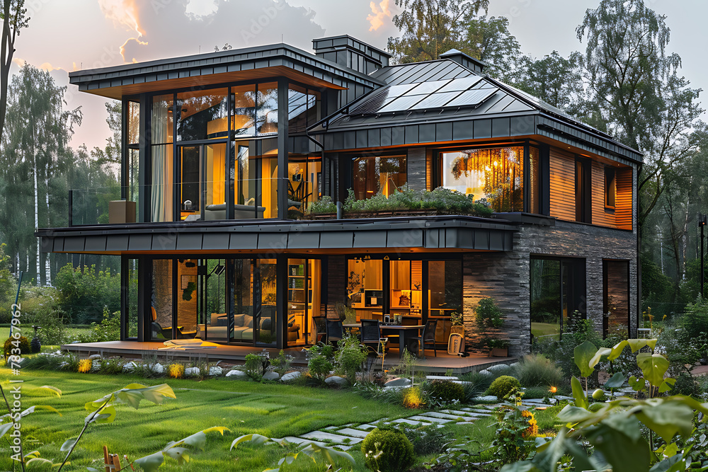 A stunning high-tech house with sleek architecture, lush lawn, and solar panels on the roof for sustainable energy usage A stunning high-tech house with sleek architecture, lush lawn, and solar panels on the roof for sustainable energy usage