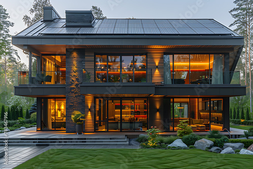 A stunning high-tech house with sleek architecture, lush lawn, and solar panels on the roof for sustainable energy usage