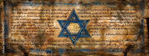 Old paper page from ancient torah book with blue Star of David. Judaism religious symbol. Bible exodus torah. Passover celebration, Yom Kippur, Purim. Illustration for banner, wallpaper, background