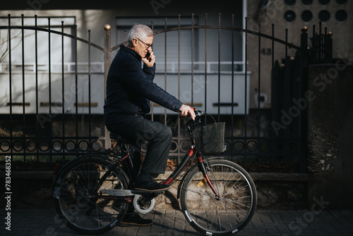 Mature businessman riding a bicycle and talking on smart phone in urban setting.
