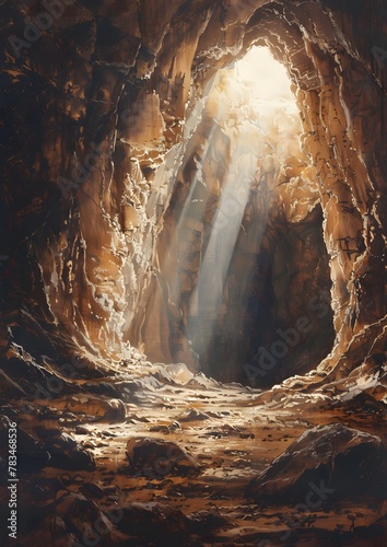 oil painting of a vast cave entrance lit by a sunbeam