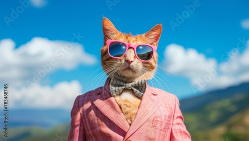 A cat wearing sunglasses and a suit with a tie