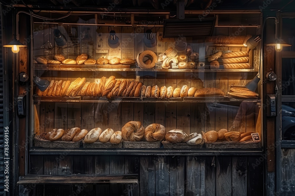 A picturesque street bakery with a display window full of various breads under soft lighting - obrazy, fototapety, plakaty 