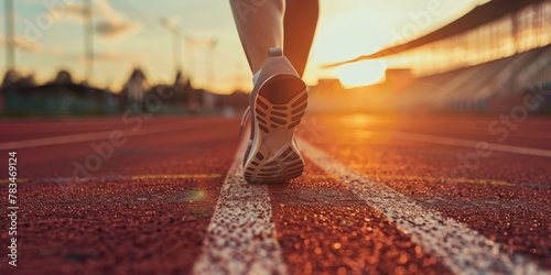 Focus on running shoes of athletic runner training in stadium at sunset, preparing for sports competition, Olympic games.