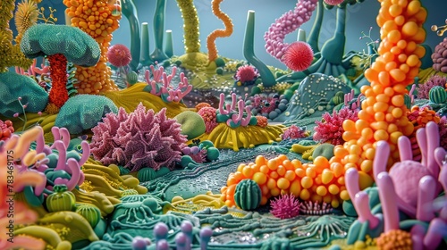 A 3D landscape showing the mutualistic relationship between humans and their gut flora. photo