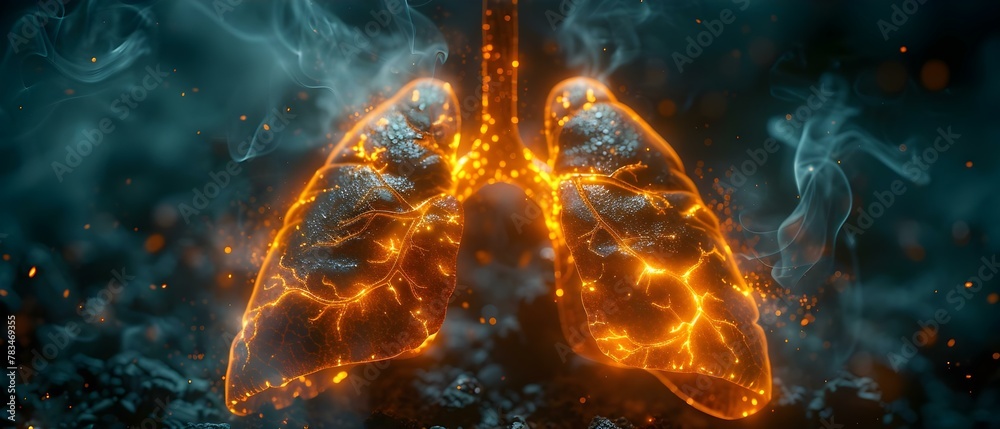 Illuminate the Damage: Lungs Under Siege by Smoke. Concept Respiratory Health, Smoking Risks, Lung Damage, Tobacco Effects, Healthy Lungs - obrazy, fototapety, plakaty 